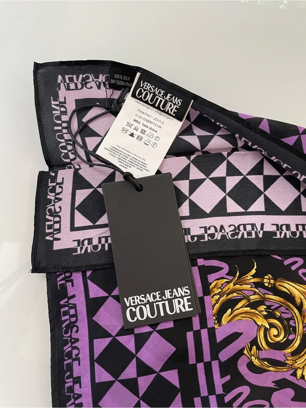 Versace Jeans Couture 100% Silk Square Scarf Purple Black Gold NWT